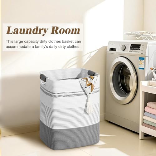 Laundry Hamper, 95L Tall Laundry Basket with Leather Handles, Rectangle Large Clothes Hamper for Organizing, Cotton Woven Laundry Baskets Storage Hampers for Bedroom, Nursery, Living Room - Image 4