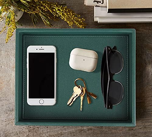 HofferRuffer Faux Leather Decorative Tray, Elegant Desktop Storage Organizer, Decorative Catchall Perfume Tray, Nightstand or Dresser Vanity Tray Organizer, 10.2 x 8.4 x 1.8 inches (Dark Green) - Image 3