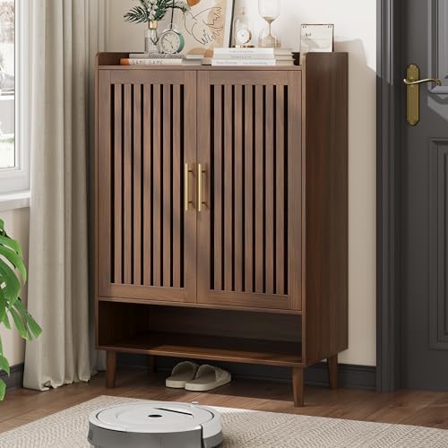 Shoe Cabinet, Large 6-Tier Shoe Storage Cabinet with Louvered 2 Doors, 44" Tall Freestanding Entryway Shoe Cabinet with Adjustable Shelves, Modern Shoe Organizer Cabinet, Shoe Rack Cabinet (Walnut) by Algherohein
