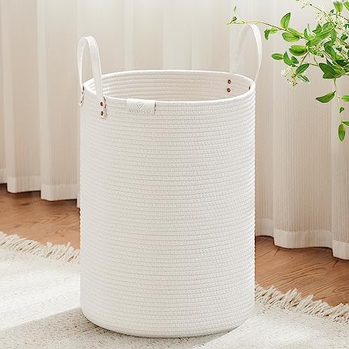VIPOSCO 72L Tall Woven Rope Laundry Hamper, Leather Handles, White by VIPOSCO