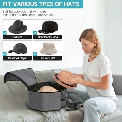 SLEEPING LAMB Hat Box for Travel and Storage, Collapsible Cap Case for Mens Fedora Organizer, Hat Storage Box for Men and Women for Closet, Cap Carrier with Handles, Grey - Image 4