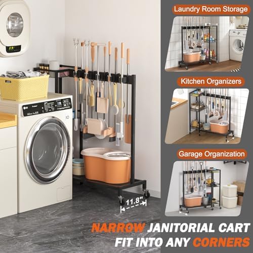 Broom Holder with Cleaning Supplies Organizer, Broom Closet Storage Cabinet with Cleaning Caddy, Cleaning Cart with Mop Hanger Gripper Rack Hooks,Janitorial Housekeeping cart,Laundry Room Organization - Image 3