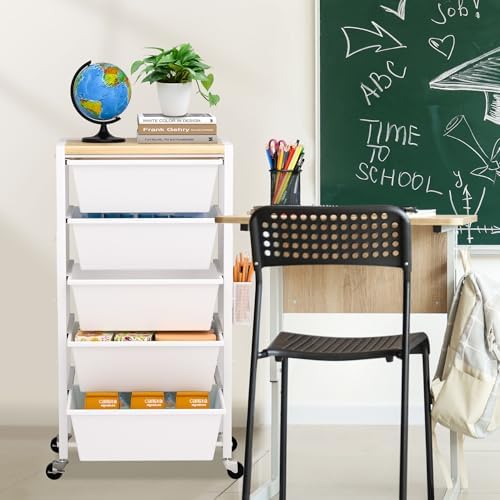 Rolling Cart with Drawers, Rolling Storage Cart with 5 Large Plastic Drawers & Wooden Tabletop, Utility Cart with Pegboards & Basket, Storage Drawers Cart for Living Room, Classroom, Bedroom, Office - Image 6