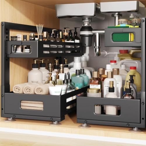 2 Pack 21IN-Depth Under Sink Organizer,Pull Out Cabinet Organizer With Smooth Cylindrical Rail,Metal Slide Out Drawer for Kitchen Bathroom Laundry,8-Level Tool Free Height Adjustable-Black by UnderSinkOrganizer