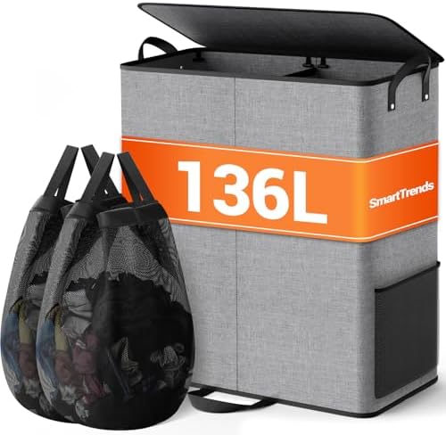 136L 2 Section Laundry Hamper with Lid, Laundry Basket, Gray by Unknown