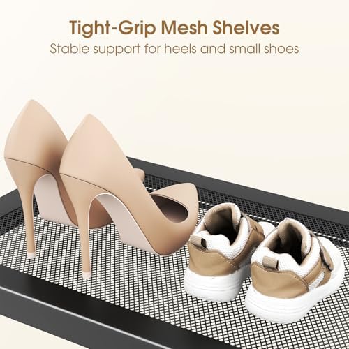 SAYZH Expandable Shoe Rack for Closet, Adjustable Metal Shoe Organizer with Sturdy Mesh Shelves for Boots & Heels, Stackable Shoe Storage for Entryway, Garage, Small Spaces (Black, 4-Tier) - Image 4