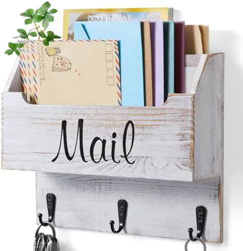 DRASTAR Mail Organizer Wall Mounted, Wooden Mail & Key Holder for Wall, Hanging Mail Organizer, Retro White Mail Basket for Home Office by EnhanceYourDailyLife