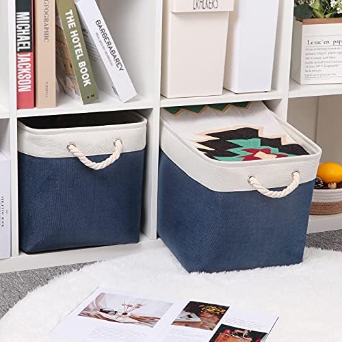 Bidtakay Fabric Storage Baskets with Handles for Organizing 16" x 11.8" x 11.8" Navy Blue Baskets [2-Pack] Shelf Baskets Large Canvas Collapsible Bins for Closet (White&Blue) - Image 3