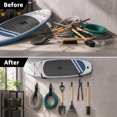12-Piece Heavy Duty Garage Storage Hooks - 2x15” Jumbo Wall Hooks with Extended EVA Foam Padding (120 LB Capacity) + 4x3.5” Utility Hooks & 6 Storage Straps for Kayak, Paddleboard, Bike & Ladder - Image 2
