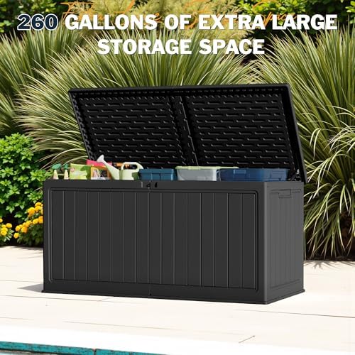 Greesum 260 Gallon HDPE Outdoor Storage Box - Waterproof, Large Capacity Deck Box with Removable Dividers for Patio, Yard, Garden Tools, Black - Image 2