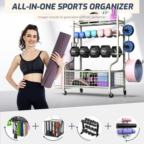 PLKOW Dumbbell Rack, Weight Rack for Dumbbells, Home Gym Storage for Dumbbells Kettlebells Yoga Mat and Balls, All in One Workout Storage with Wheels and Hooks, Powder Coated Finish Steel - Image 2