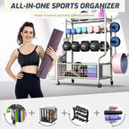 PLKOW Dumbbell Rack, Weight Rack for Dumbbells, Home Gym Storage for Dumbbells Kettlebells Yoga Mat and Balls, All in One Workout Storage with Wheels and Hooks, Powder Coated Finish Steel - Image 2