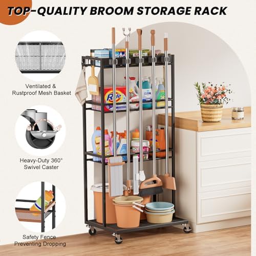 Olakee Taller Broom Holder with Cleaning Supplies Organizer, Broom Closet Storage Cabinet with Mop Hanger Gripper Rack Hooks, Housekeeping Janitorial Cart with Cleaning Caddy, Garage Home Improvement - Image 5