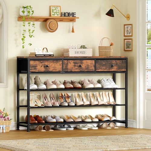 usikey 4 Tier Shoe Rack with 3 Drawers & 3 Oxford Fabric Shelves, Holds 15-18 Pairs, Metal Shoe Storage with Wood Top, Shoe Organizer for Entryway, Closet, Apartment, Rustic Brown UNYXJX022F - Image 2