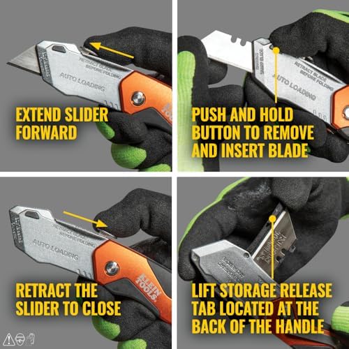 Klein Tools 44130 Utility Knife, Auto-Loading Folding Heavy Duty Retractable Box Cutter, Blade Storage, 3 Blades and Pocket Clip Included - Image 3