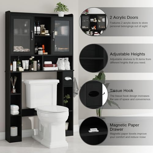 Vabches Over The Toilet Storage Cabinet with Adjustable Shelf, Black - Image 3