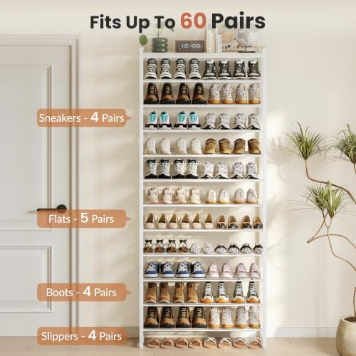 12 Tier Shoe Rack Organizer for 48-60 Pairs, Tall Metal Shoe Storage Shelf with Wood Top, Adjustable Boot Space, Narrow Design for Entryway Closet, White - Image 4