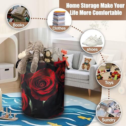 Laundry Hamper,Red Rose Collapsible Laundry Baskets Waterproof Oxford Cloth With Handles,Clothes Storage Bucket Toy Organizer For Bathroom/Nursery/Bedroom 16" x 20.8" - Image 3