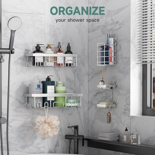 Veken Shower Caddy 5-Pack, Bathroom Organizers and Storage Shelves, Silver - Image 4