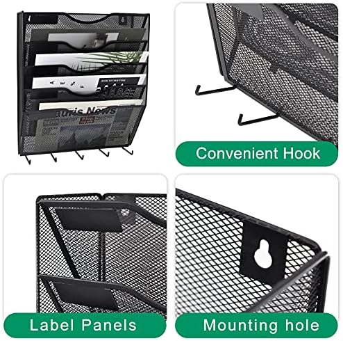 EASEPRES 5 Pocket Mesh Hanging File Organizer with Key Holder Hooks & Nametag Label, Wall Mounted Mail Paper Document Folder Storage Organization Magazine Rack for Office Cubicle, 5 Tier Black - Image 4