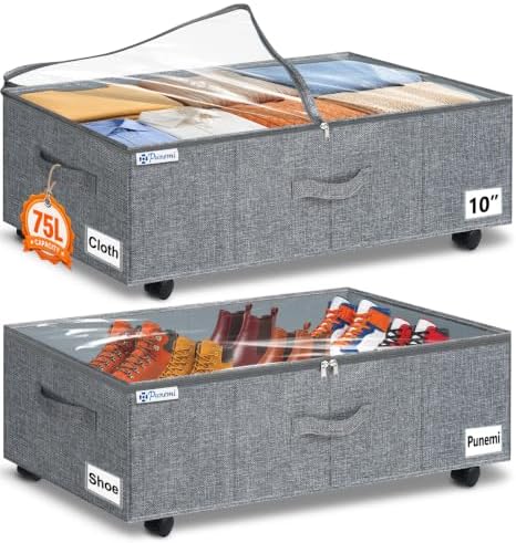 punemi 10 inch Tall 75L Under Bed Storage Bins with Wheels, 2-Pack, Gray | 5-Wheel Rolling Organizers with Clear Lids, for Clothes, Shoes and Blankets, Underbed, Closet & Dorm Organizataion by Punemi