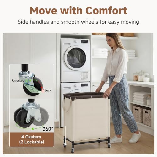 StorageWorks 2 Section Laundry Hamper, 100L Beige Sorter Cart with Wheels - Image 3