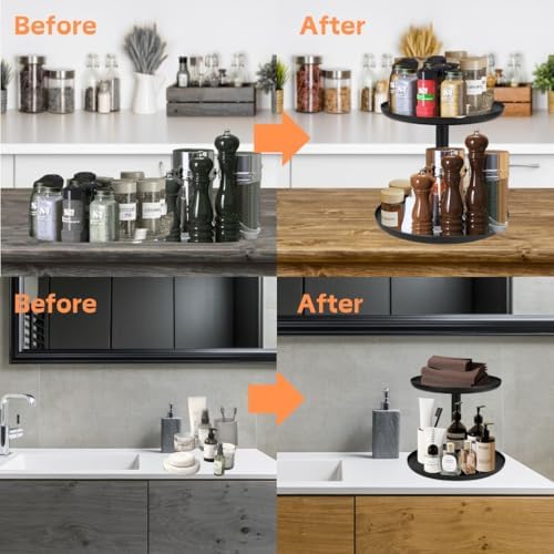 IBERG 2 Tier Lazy Susan Organizer, Rotating Spice Rack (Black) - Image 4