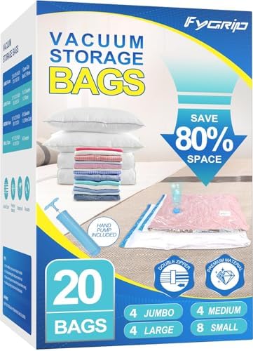 Fygrip 80% Space Saver Vacuum Storage Bags with Hand Pump, 20 Combo | Plastic Packaging Bags, Vacuum Seal Bags for Clothing, Travel Lugggage, Blankets, Comforters by Fygrip
