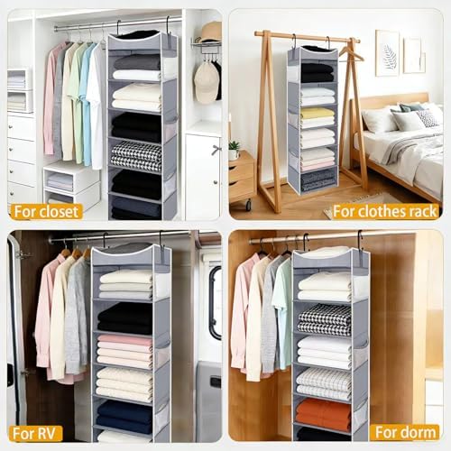 6-Shelf Hanging Closet Organizer and Storage with Side Pockets, Collapsible Closet Hanging Shelves for Storage, Grey - Image 6