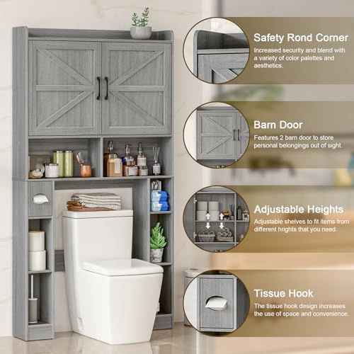 Vabches Over The Toilet Storage Cabinet with Barn Doors, Wash Grey - Image 3