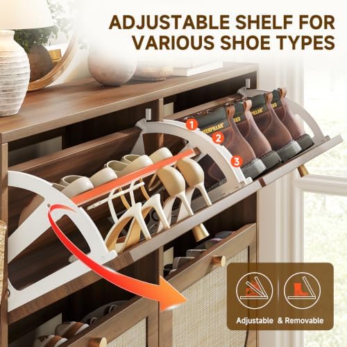 Nicetree Freestanding Ultra Slim Arched Rattan Accent Shoe Storage Cabinet for Entryway - 4 Flip Drawers & 3-Tier Adjustable Shelves, Farmhouse Modern Rustic Shoe Rack for Hallway, Foyer Oak - Image 5