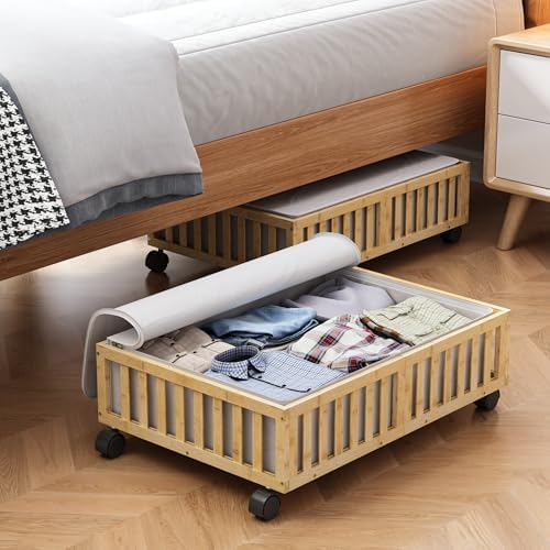 MHXW SXPN 2 Pack Bamboo Under Bed Storage Containers with Wheels, Nature | Underbed Drawer Storage with Bag, Wood Rolling Underbed Organizer for Shoes, Sheets Clothes Blanket Comforter, Under Crib Toy by MHXWSXPN