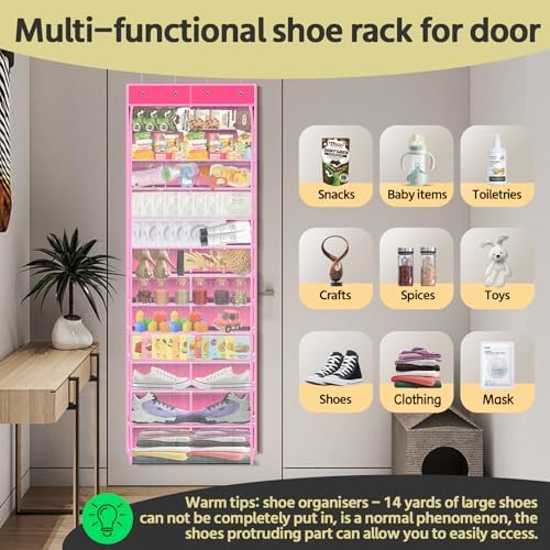 PAULONE 12 Pocket Over the Door Shoe Organizer,Reusable Breathable Large Mesh Bag Men's & Women's Sneaker Organizer,Shoe Organizer for Kids,Hanging Shoe Storage Hanging Bag (Pink) - Image 6