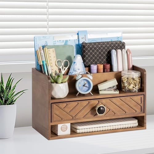 dreampossible Brown Wood Desk Organizer and Accessories with Drawer, Bill Mail Organizer and File Mail Holder for Office Supplies, Desk Accessories & Workspace Organizers - Image 6