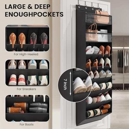 Mefirt 16-20 Pairs Over the Door Shoe Organizer, Clear Pockets Shoe Rack for Closet Door, Hanging Shoe Rack for Boots, Behind the Door Shoe Holder Fit All the Family's Sneakers, Boots, Heels, Black - Image 4