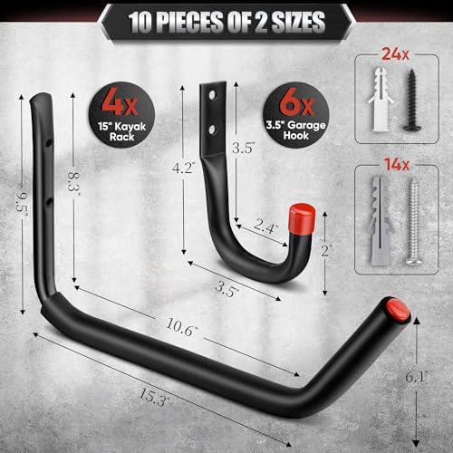 Nacial 10 Pack Heavy Duty Garage Hooks, 15" & 3.5" Wall Hooks with EVA Pads - Image 2
