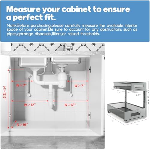 1 Pack 17IN Depth Under Sink Storage Organizer, Large 2-Tier Elegant Mesh Pull Out Shelf for Kitchen and Bathroom Cabinet Organization, L-Shaped and Adjustable Height Design-Gun Gray - Image 2