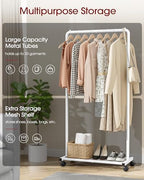 Sakugi Clothes Rack - Clothing Rack with Storage Mesh Shelf & Casters, Heavy-Duty Metal Clothing Rack for Hanging Clothes, Dresses, Coats, Large Load Capacity, Easy Assembly, White, 28.0"x16.9"x59.0" - Image 4