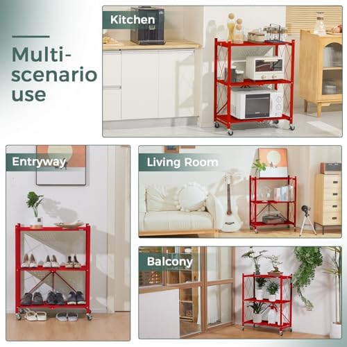 DEANIC 3 Tier Foldable Storage Shelves with Wheels, Kitchen Appliance Stand, Freestanding Metal Wire Shelf Rack, No Assembly Organizer Rolling Cart for Garage, Basement, Pantry(Red Pack of 2) - Image 4