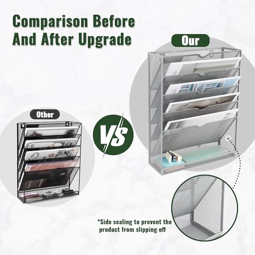 EASEPRES 6 Tier Mesh Hanging Wall File Organizer, Desk Vertical Mail Paper Document Folder Holder Rack with Bottom Tray and Nametag Label for Office Home School, Gray - Image 3