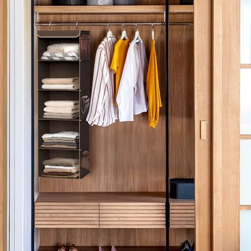 Simple Houseware 5 Shelf Hanging Closet Organizer, Brown | 360° Rotating Dual Hooks, Top Support Metal Frame, 6 Side Mesh Pockets - Image 2