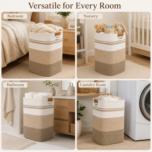 Laundry Hamper, Cotton Rope Laundry Basket with Leather Handles, 25.1-Gallon/95 L Large Clothes Hampers for Laundry, Woven Laundry Baskets for Blankets, Clothing, Bedroom, Living Room, Nursery - Image 5