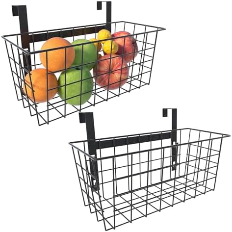 MaraFansie Hanging Kitchen Baskets Wire Storage Basket Over the Cabinet Door Organizer, No Drilling Adhesive Basket for Cabinet Pantry Organization and Kitchen, Bathroom, Storage Black, 2 Pack(New) by MakeStorageMoreFun