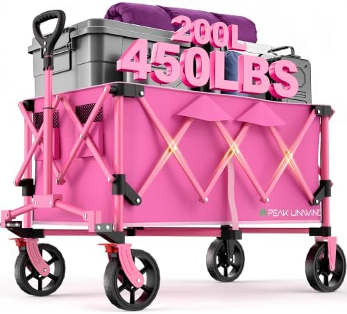 Wagons Carts Foldable,Collapsible Wagon with Wheels,450LBS Heavy Duty Beach Wagon Cart,Lightweight Portable Folding Utility Wagon Cart with Cup Holders for Camping, Garden, Sports, Grocery pcs (Pink) by Unknown