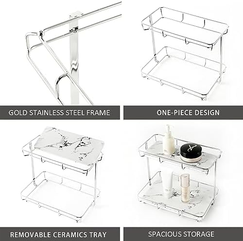 Bathroom Organizer Countertop Perfume Organizer Makeup Organizer Cosmetics Storage Display Rack Vanity Tray Dresser Stainless Steel Gold Shelf White Marble Ceramic Tray (2 Tier L-Sliver) - Image 5