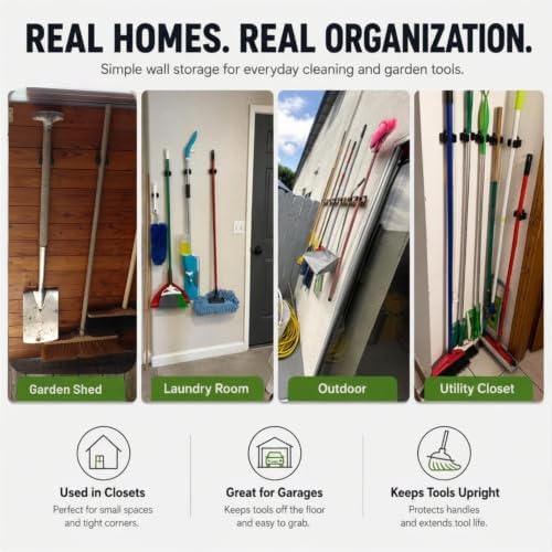 3-H Broom Holder Wall Mount 4 Pack, Stainless Steel Mop Hanger with Screws - Image 5