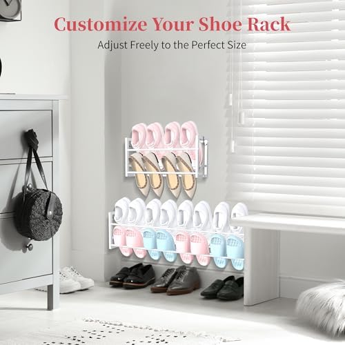 2 Pack Wall Mounted Shoe Rack for Narrow Spaces, Hanging Shoe Rack Holds 16 Pairs, 17"-30"Adjustable Heavy Duty Wall Shoe Storage with 4 Storage Hooks, Space Saving for Closet Entryway Door, White - Image 4