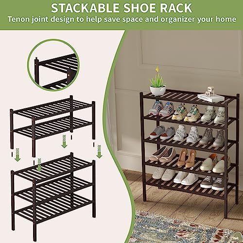 ROMGUAR CRAFT 3 Tier Bamboo Shoe Rack for Closet Free Standing Wood Shoe Shelf for Entryway Small Space Stackable 27"x11"x20" (Brown) - Image 5