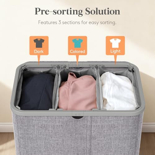 Lifewit 185L 3 Section Laundry Hamper with Lid, Laundry Basket, Light Gray - Image 3