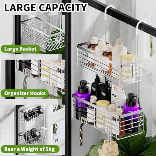 SHANSHUI Shower Hanging Caddy, Double Bathroom Showers Organizer Basket, Shampoo Bracket, Over Door Shower Rack with Hooks, 304 Stainless Steel Rustproof - Image 3